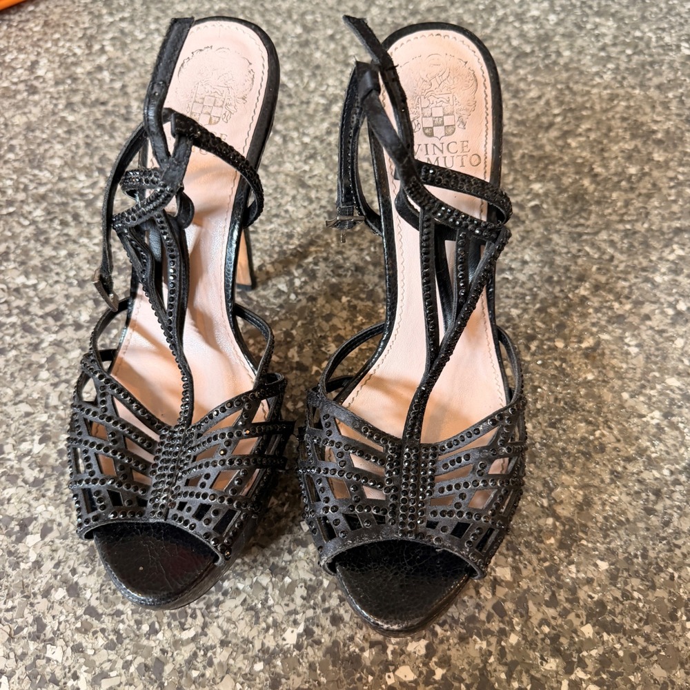 Vince Camuto Black Glitz Suede Janene Stiletto Heels 8M Rhinestone Strappy